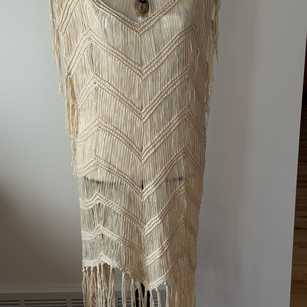 Crochet/mac Cream Fringe Sleeveless Dress/layering piece - Picture 5 of 11